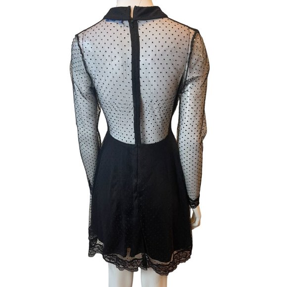 Vintage Womens Fiat & Flare Dress Lace Mesh Sleeve Front Keyhole Black SZ Medium - Picture 2 of 9